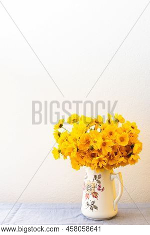Beautiful Summer Flowers Yellow Chamomile In A Vase, Part Of Home Interior, Cota Tinctoria