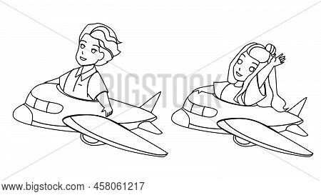 Kids Flying In Airplane Attraction Together Vector. Boy And Girl Fly In Airplane, Children Resting I