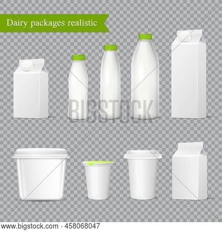Realistic Blank Dairy Packaging From Plastic And Cardboard, Icons Set On Transparent Background Isol