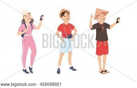 Happy People Travelling On Vacation Set. Smiling Tourists Making Selfie While Sightseeing Cartoon Ve