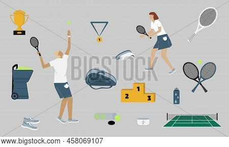 Tennis Icon Set In Flat Design Style: Man And Woman Players, Racket, Court, Net, Prize Cup, Medal, P