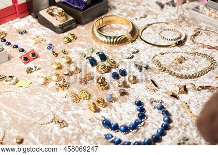 Retro Style Jewelry, Antiques At Flea Market Or Garage Sale - Vintage Jewelry, Retro Earrings, Neckl