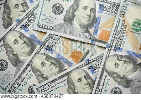 Close Up Of New Hundred Dollar Bill. Macro Close Up Of Ben Franklin. 100 Dollar Bill. Financial Conc