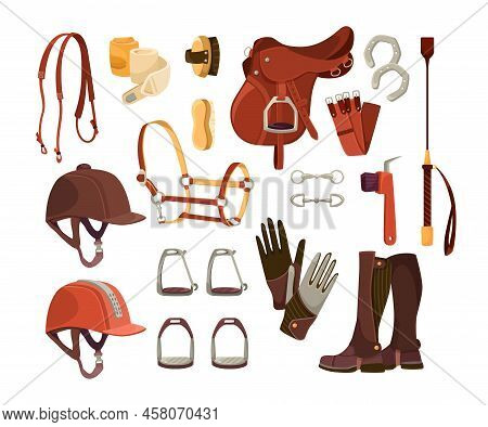 Equestrian Sport Accessories Cartoon Illustration Set. Equipment For Horse Riding, Helmet, Brushes, 
