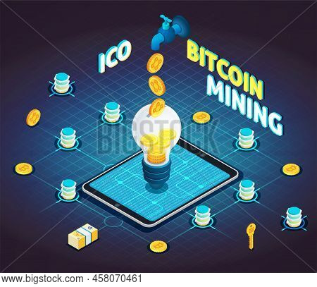 Cryptocurrency Block Chain Mining Isometric Flowchart With Initial Coin Offering Light Bulb On Table