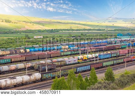 Krasnoyarsk, Russia - June 23, 2022: Freight Wagons In Sorting Station Of Railway. Dead End On Railw