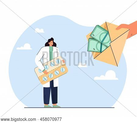 Hands With Money In Envelope And Doctor With Big Blister Pack. Patient Or Client Paying For Medicati