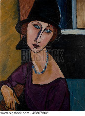 Portrait Of A Girl In A Hat. Beautiful Oil Painting On Canvas. Based On The Magnificent Painting By 