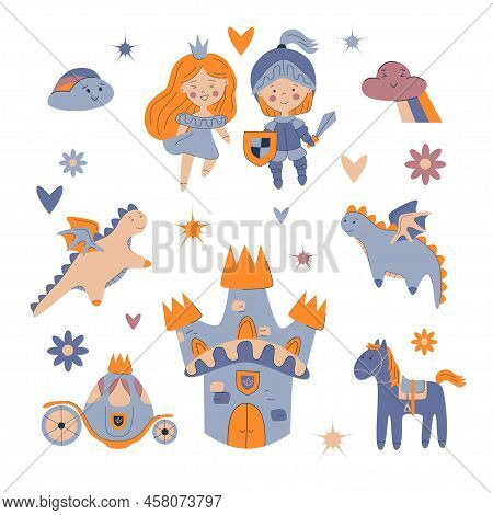 Magic Elements Good Kids Story. Princess Prince Knight Dragons Castle Carriage Horse Pony And Decor 