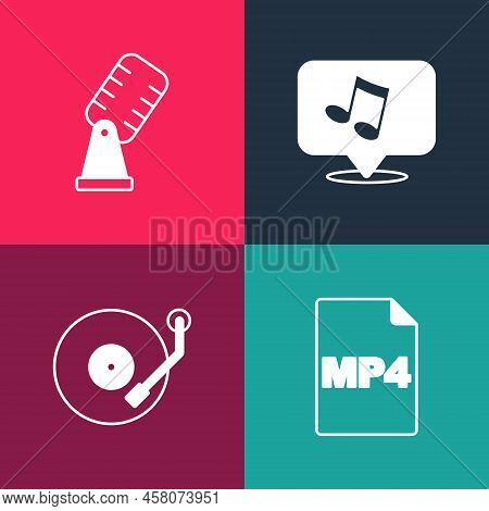 Set Pop Art Mp4 File Document, Vinyl Player, Music Note, Tone And Microphone Icon. Vector