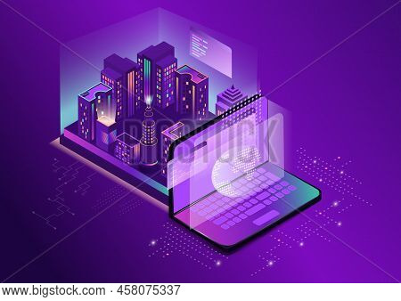 Futuristic Smart Night City. Residential Urban Buildings And High-rise Buildings And A Laptop In An 