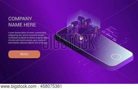 High-rise Buildings Of The City, Mobile Interface. Conceptual Banner Of Web Technologies. Background