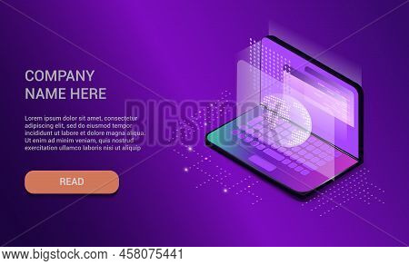 Background For The Website. A Futuristic Laptop In An Isometric Flat Design. Vector