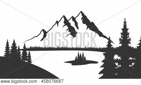 Mountain With Pine Trees And Landscape Black On White Background. Vector Illustration Mountain With 