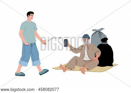 A Young Man Throws A Coin To A Beggar. A Small Donation. Vector Illustration Isolated On A White Bac