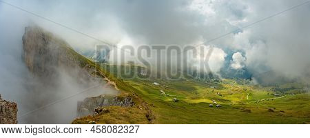 Panorama View Dolomites Mountains From Seceda Over Odle Puez