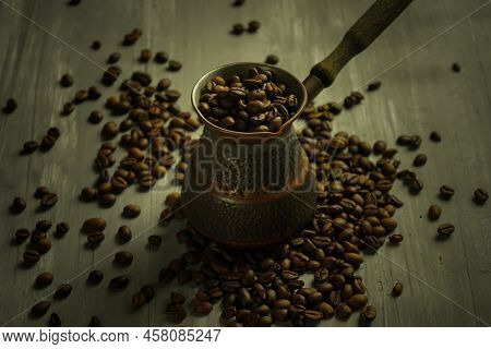 Black Roasted Coffee Beans. Cezva Cup Coffee Glass Rustic Style Turkish Ground Coffee