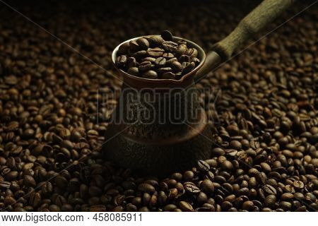 Black Roasted Coffee Beans. Cezva Cup Coffee Glass Rustic Style Turkish Ground Coffee