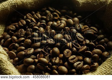 Black Roasted Coffee Beans. Cezva Cup Coffee Glass Rustic Style Turkish Ground Coffee