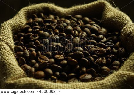 Black Roasted Coffee Beans. Cezva Cup Coffee Glass Rustic Style Turkish Ground Coffee