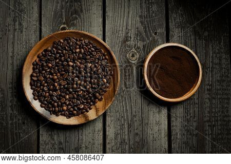 Black Roasted Coffee Beans. Cezva Cup Coffee Glass Rustic Style Turkish Ground Coffee