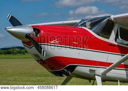 Breclav, Czech Republic - July 02, 2022 Aviation Day. Cessna 180 Skywagon Detail Of The Front Of The