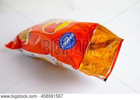 Potato Chips In Open Bag, Delicious Bbq Seasoning Spicy For Crips, Thin Slice Deep Fried Snack Fast 