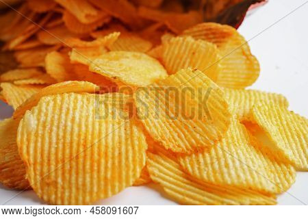Potato Chips In Open Bag, Delicious Bbq Seasoning Spicy For Crips, Thin Slice Deep Fried Snack Fast 