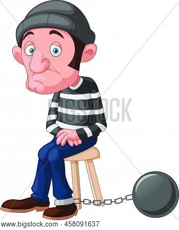 Thief Cartoon Sitting And Prisoner Chain Ball