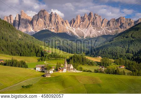 Landscape Of St Magdalena With Church In Dolomites, Northern Italy