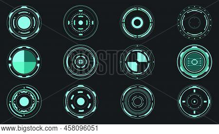 Hud Futuristic Elements Circle Layout Interface Technology Concept Design Vector. Green Round Shape 