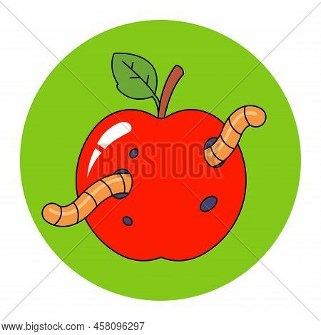 Wormy Red Apple With A Green Leaf. Flat Vector Illustration.
