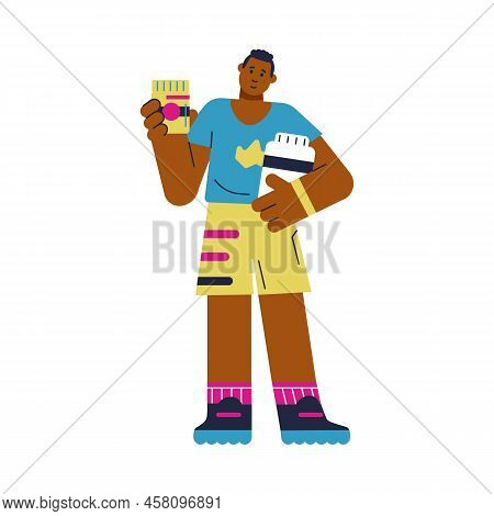 Sportsman With Sports Nutrition Jars Flat Cartoon Vector Illustration Isolated.