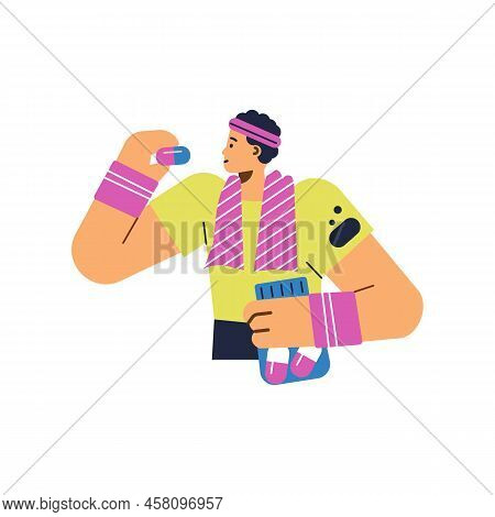 Athlete Takes Sports Supplements In Pills Flat Vector Illustration Isolated.