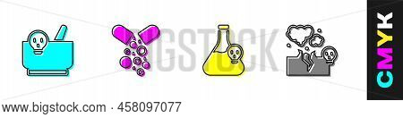 Set Mortar And Pestle, Poisoned Pill, Beaker With Toxic Liquid And Poisonous Cloud Of Gas Smoke Icon