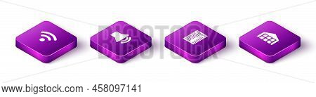 Set Isometric Wi-fi Wireless Network, Speaker Volume, Paper Financial Check And Warehouse Icon. Vect