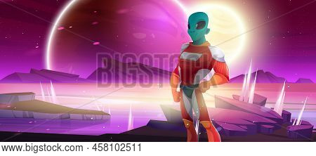 Martian Alien Cartoon Character Wear Superhero Costume Stand With Arm Akimbo On Extraterrestrial Pla