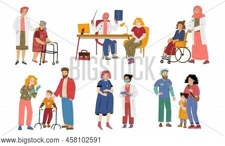 Doctors And Patients In Hospital. Concept Of Medical Care For Old And Adult People, Kids And Pregnan