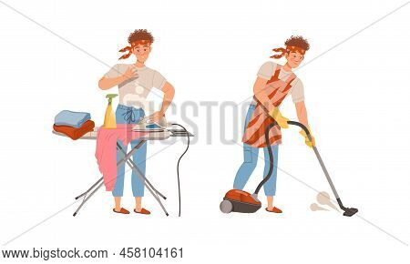 Househusband At Everyday Routine. Man Ironing Clothes On Board And Cleaning Floor With Vacuum Cleane