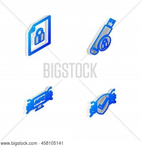 Set Isometric Line Usb Flash Drive With Lock, Document And, Computer Api Interface And Cyber Securit