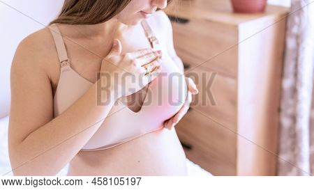 Breast Pain Self Exam. Young Pregnancy Woman Examining Breast For Signs Lumps. Breast Self Exam. Hea