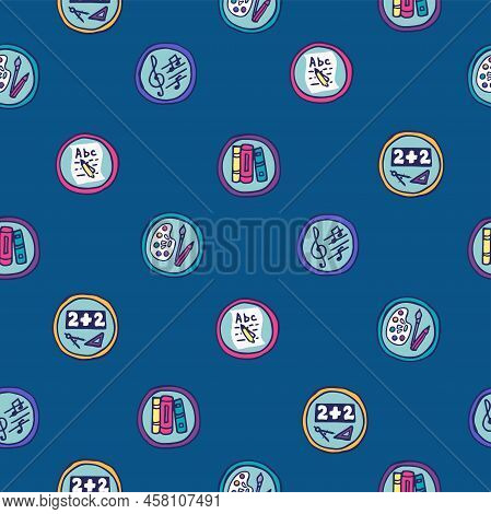 Seamless Pattern With Education Icons In Colour Circles. Vector Illustration With Back To School Con