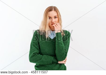 Oops. Embarrassed Young Woman Horrified Facial Expression Made Big Mistake Feel Guilty, Bite Lips Fi