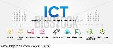 Ict - Information And Communications Technology Concept Vector Icons Set Infographic Background.