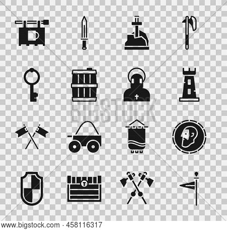 Set Medieval Flag, Ancient Coin, Castle Tower, Sword The Stone, Wooden Barrel, Old Key, Street Signb