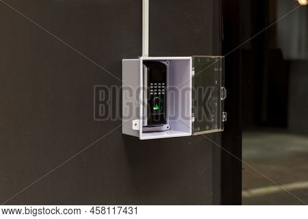 Finger Scan On Machine Security Concept And Safety. Soft Focus On Hand Scanning Finger On Machine Co