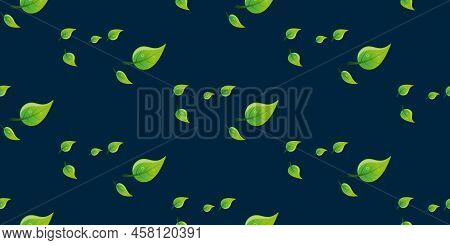 Pattern Of Many Dewy Green Leaves Of Various Sizes And Orientation On Dark Background - Design, Text