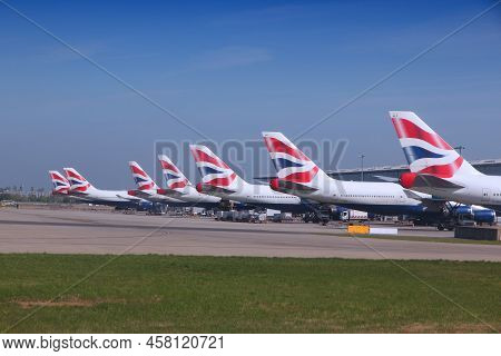 London, Uk - April 16, 2014: Fleet Of British Airways Aircraft At London Heathrow Airport. Heathrow 