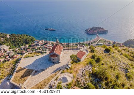 The Church Of St. Sava In Montenegro, Near The Island Of Sveti Stefan Near Budwa. Drone View. Locati