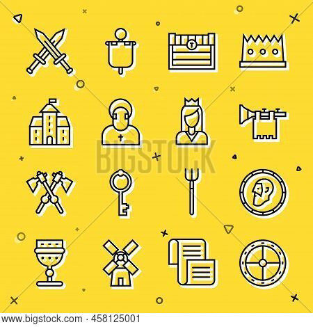 Set Line Round Wooden Shield, Ancient Coin, Trumpet With Flag, Antique Treasure Chest, Monk, Castle,